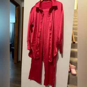 SILK LONG BLOUSE PANTS SUIT TWO PIECE SET